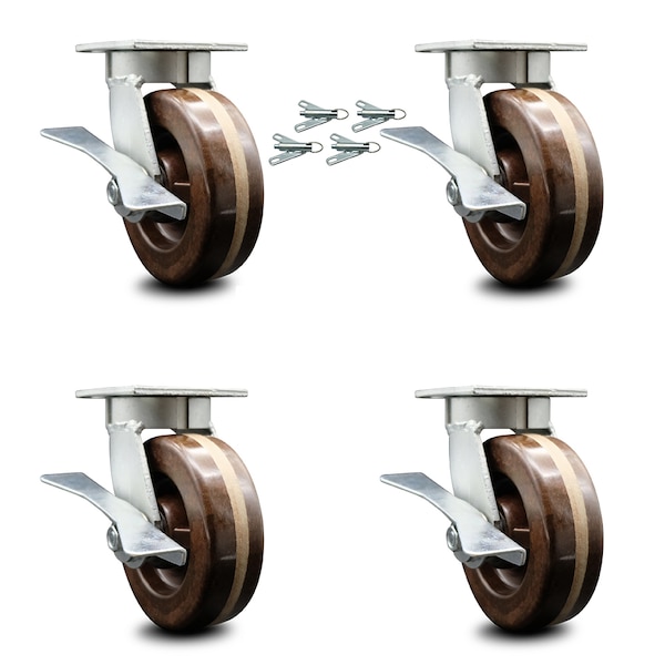 6 Inch Kingpinless High Temp Phenolic Caster Set with Brakes and Swivel Locks